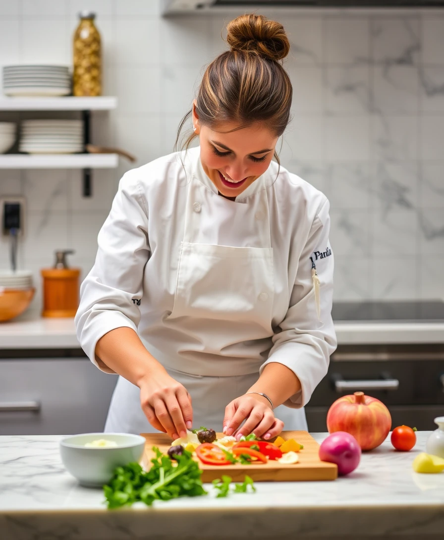 Chef Maria Rossi preparing a dish in the kitchen